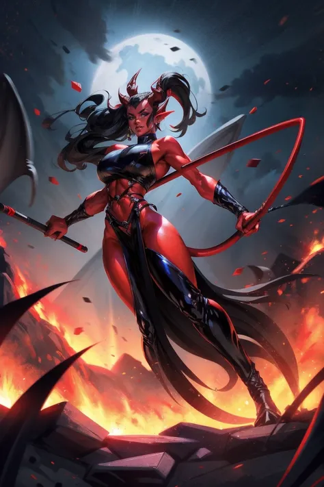 Red skin succubus tiefling, digitigrade legs, full breasts, medium breasts, black horns, wings, huge tail, black leather, crop top, long flowing pelvic curtain, tall, toned, graceful, thin, long black ponytail. Action scene, whip. Dark scene, explosions, n...