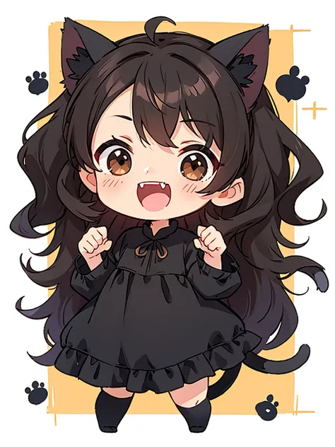 Chibi, whole body, A pretty woman, long black wavy hair, Brown eyes, black clothes, cat ears and tail, fangs, horns 