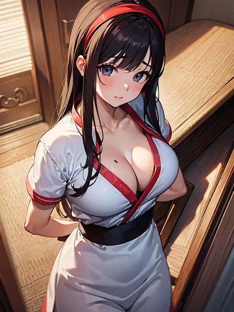 (Masterpiece, best quality, high res、highly detailed cg: 1), Are you sure your first time having sex is with your aunt? Create a picture of a married woman who is shy and seems less than full of being seen as a woman. Her expression is a mixture of embarra...