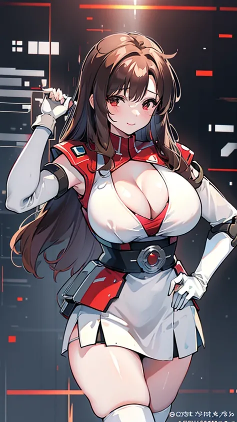 18 year old girl，baby face，brown hair，curls，Zhangzui smile，Huge breasts，Cleavage，Transparent red sleeveless top，Leave space in the middle to reveal Cleavage，Soaked all over，blush，Red eyes，female spy，red miniskirt，White gloves，White hand sleeves，White boots...