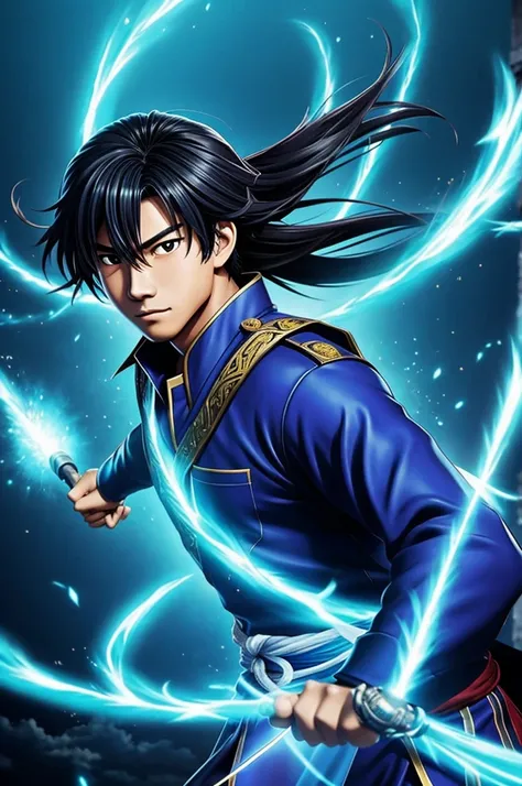 anime style, high school malay student dynamic attacking pose, an ancient malay warrior spirit glowing with blue aura at the back with the same pose