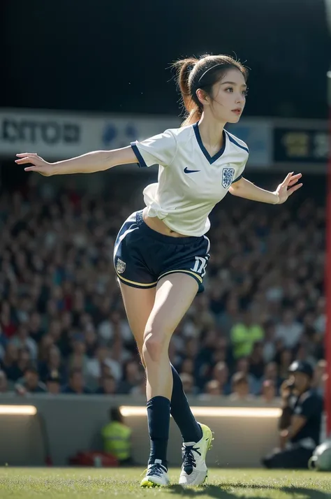 (((best quality))),(((ultra detailed))),(((masterpiece))),illustration,((1 beautiful girl,female footballer,solo)),((small breasts,flat chest)),((slim,thin)),summer night,stadium,crowded stands,enthusiastic spectators,football match,(short ponytail:1.2),(s...