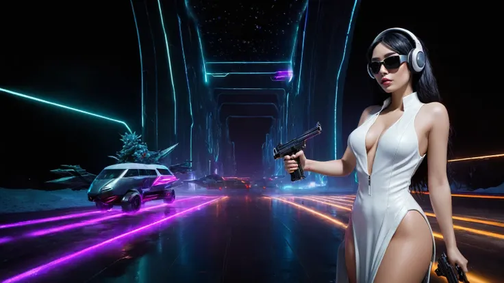 At night, dark sky, distant shot aerial view of fantasy cyberpunk style ice ((Moai-statue)) city, ((flying car)). ((1girl, solo, alone)), medium-breast:1.1 slim body, cleavage, sexy clothes, (headphone, black sunglasses, long black realistic hair), (((hip-...