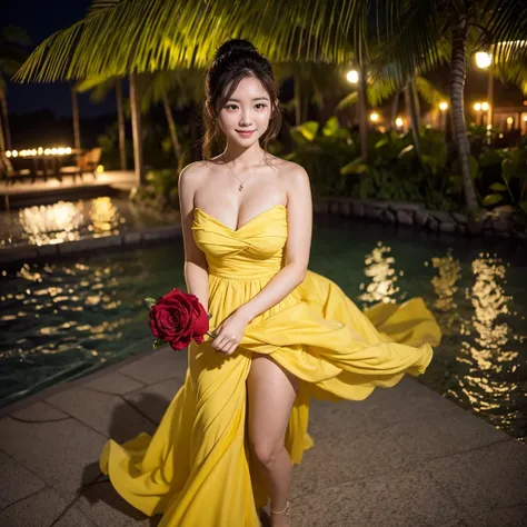 Wearing a yellow dress、A woman enjoying vacation at a tropical resort at night。With a red rose in my hand。