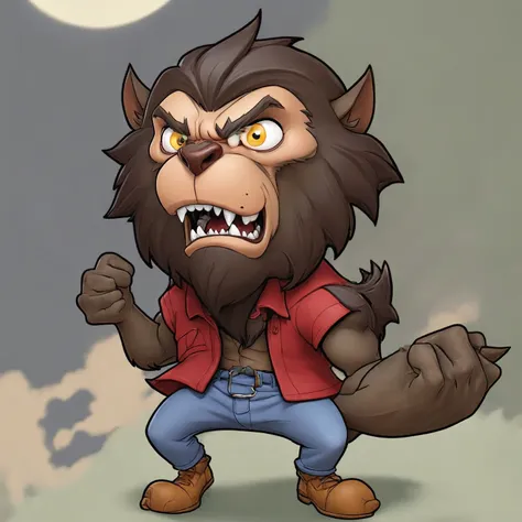 cartoon illustration of a werewolf with a red shirt and blue jeans, angry high moral sexy werewolf, werewolf man, werewolf?, wer...