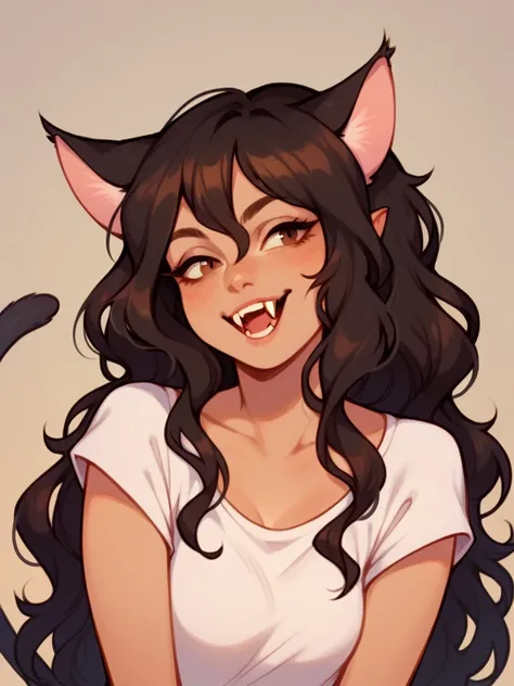 Half body, A beautiful woman, long wavy black hair, brown eyes, casual clothing, cat ears and tail, fangs, horns, sexi