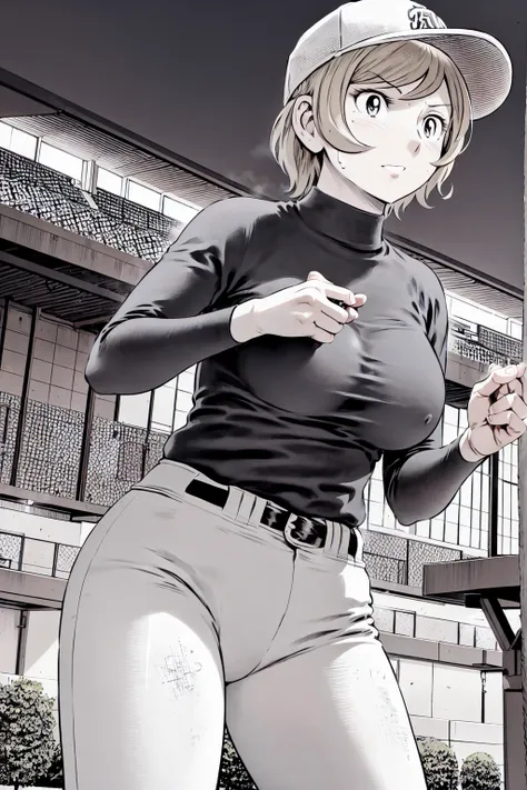 (野球uniform:1.2),
blonde, (short hair:1.2),Long sleeve, Black Shirt, turtleneck,White trousers、uniform、Black belt、((Illustration of people))、big 、Covered in mud、Soil stains、ドロドロのuniform、Baseball Cap、
View your viewers,, (Highest quality:1.3),One Girl, White...