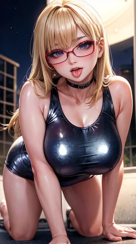 Taiwanese Idol　40 years old　((Super shiny metallic school swimsuit))　　Ultra shiny metallic stockings　((Blonde with bangs))　((Rimless Glasses))　((On all fours in the night view and moonlight))　Sweaty　Sweaty　((A mature woman full of pheromones))　Obscene gaze...