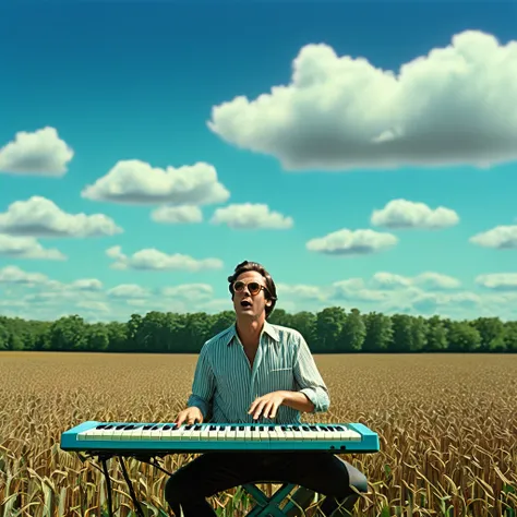 a man flying on a electric keyboard through a field with trees in the distance, blue sky and few clouds, 1970s style, highly detailed, photorealistic, cinematic, dramatic lighting, neutral, hyper-realistic, masterpiece, best quality