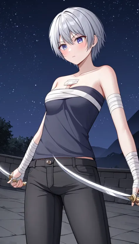 (Holding dual swords)、Silver short hair、assassin、((Bandage on chest)、Black thin pants background moonlit night