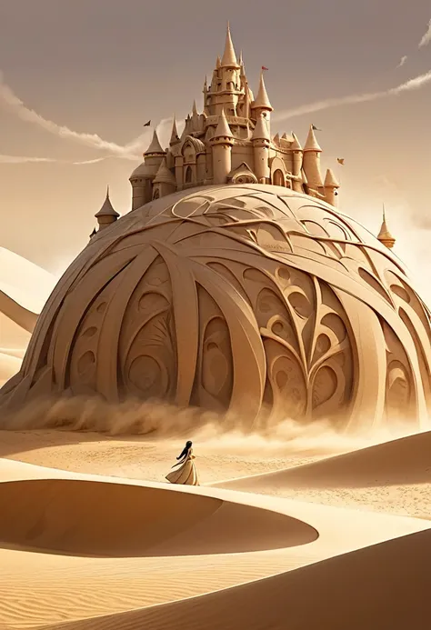 best quality, super fine, incredibly absurdres, extremely detailed, 2.5D, delicate and dynamic depiction, sand sculpture princess, Disney-style fantasy, desert, sandstorm effect 