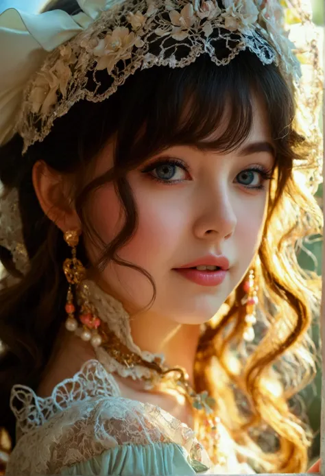 (best quality,highres),voluptuous woman with long hair, young, lolita style, vibrant colors, porcelain skin, expressive eyes, playful smile, alluring charm, vintage fashion, dreamy atmosphere, soft lighting, intricate details, cleavage, sexy