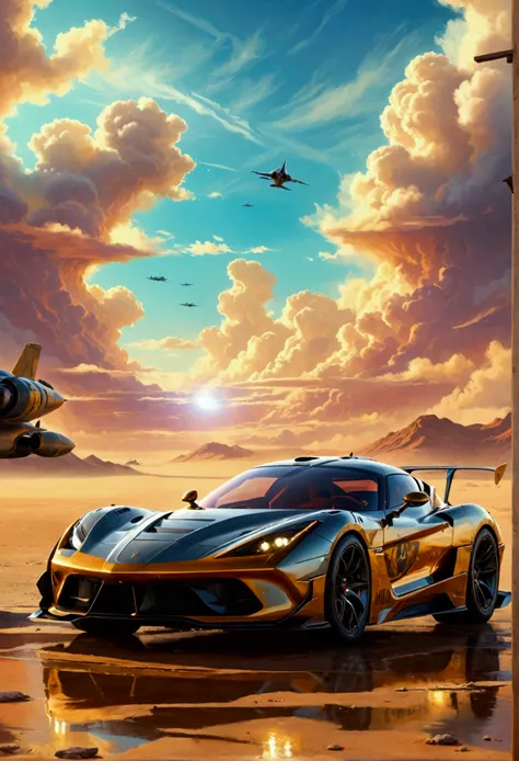 a hypercar with desert princess written on the side, a painting of a desert princess, military airfield, highly detailed, photorealistic, 8k, hyper detailed, cinematic lighting, dramatic sky, volumetric fog, epic, intricate details, award winning, masterpi...