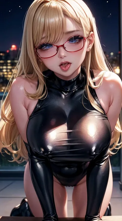 Taiwanese Idol　50 years old　((Super shiny metallic school swimsuit))　　Ultra shiny metallic stockings　((Blonde with bangs))　((Rimless Glasses))　((On all fours in the night view and moonlight))　Sweaty　Sweaty　((A mature woman full of pheromones))　Obscene gaze...