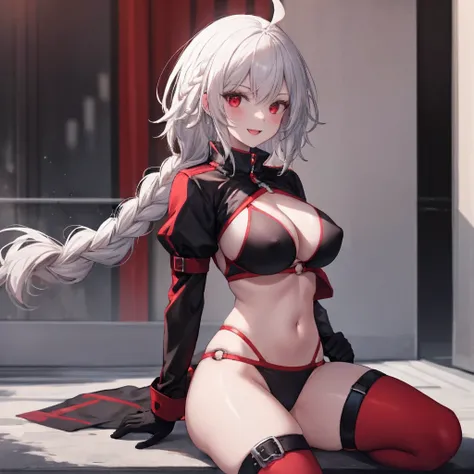 masterpiece, best quality, 1girl, , silver hair, ahoge, red eyes, (single braid), braid, large_ breasts, , blue sky,covered_groin,covered_nipples,solo,young,,open_legs,knee_boots,crotch_armor,cowboy_shot,crotch, asymmetrical legwear, long hair, bikini, bla...