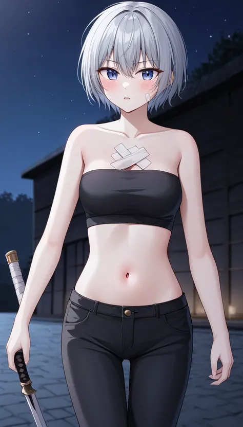 、Silver short hair、assassin、((Bandage on chest)、Black thin pants background moonlit night