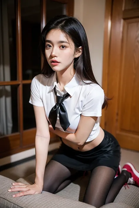 （8K，best quality，masterpiece：1.2），（Indeed，Practical：1.4），（original photo）,Perfect details，18-year-old South Korean female model，Korean beauty，Oval face，Wavy hair，pure，((Upper Body：5 point shirt，Black shirt，(Little Red Tie)，Short sleeve，Crop Topping))，(：Hip...