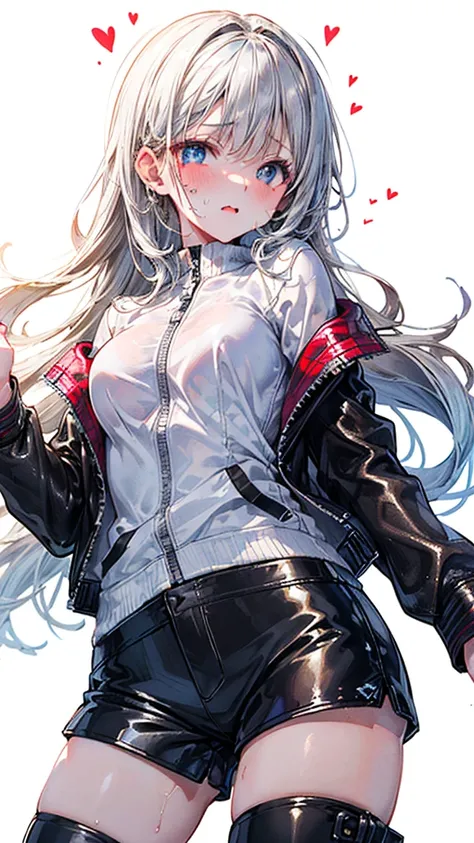 (Best quality, 8k, 32k, Masterpiece, UHD,:1.2),RAW, 1girl,ultra cute , natural lighting,transparent shining eyes, 20yo ,fair complexion, (vulgarity:0.8), (fucked silly:0.8),,(trembling:1.3)),((leather jacket, short pants,)),,White Background, medium breast...