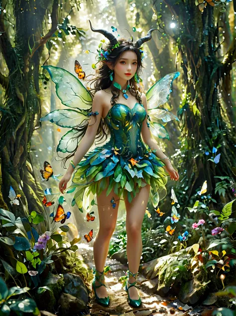 a fantasy creature with feminine qualities standing in a mysterious forest，she has lush hair，charming eyes，(both eyes look at yo...