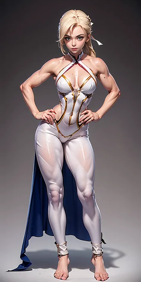 Scenary: Plain background Character: Solo Female: Body, full body toe to head: Tall and slim with an hourglass figure Toned and muscular physique Slender abs Perfect anatomy (hands on hips, good hands, best hands)