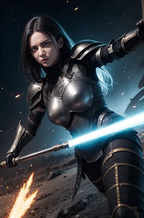 A woman with yellow eyes, dressed in full black armour, wielding a spear, fighting in a space battle.