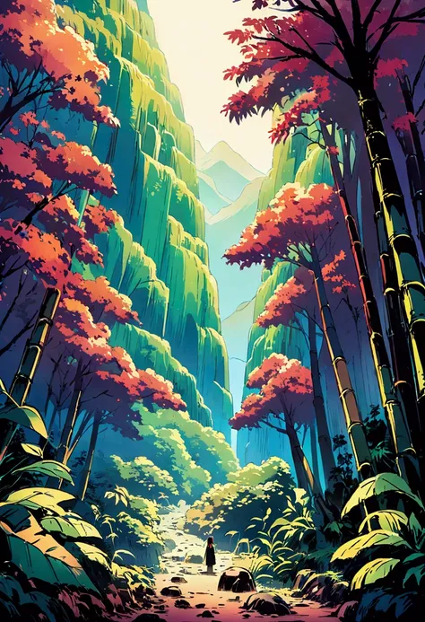 bamboo forest，Mountains，Rich colors，Illustration style