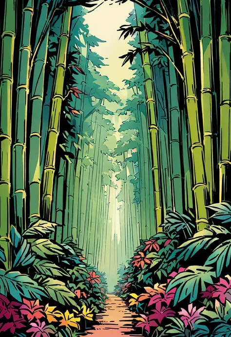 bamboo forest，Mountains，Rich colors，Illustration style