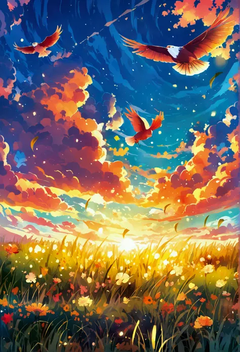 grassland，Kite，Rich colors，Illustration style