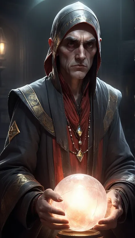 high resolution　high quality　Reality　suspicious　Giant fortune teller　In front of a round crystal　Intimidation　Upper Body　Looming　metallic　Transparency　Facing forward　suspicious雰囲気　Dark atmosphere　Upper Body　Close-up of face　Skinhead　Bloodshot eyes