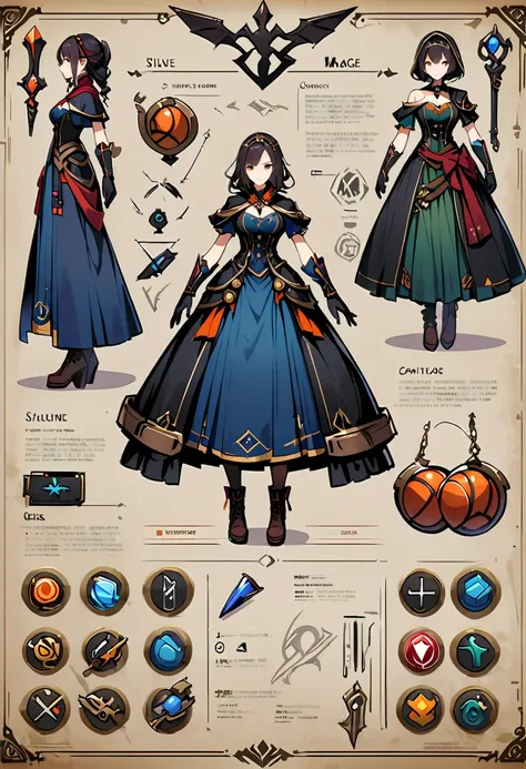 framed presentation of a mage, woman character design sheet for a video game with detailed accessories, shoes, multiple weapons,...