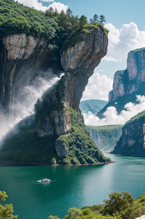 Masterpiece, ultimate quality, Cg unity 8k wallpaper, super delicate, beautiful sky and clouds, rich natural scenery, cliffs, lakes and rivers, waterfalls and flying water, beautiful green mountains, no trace of people, excellent scenery, has already won a...