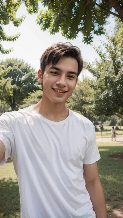  A selfie of a young man who took a photo in a park and appears happy in the photo, wearing a plain white t-shirt and sticking his tongue out.