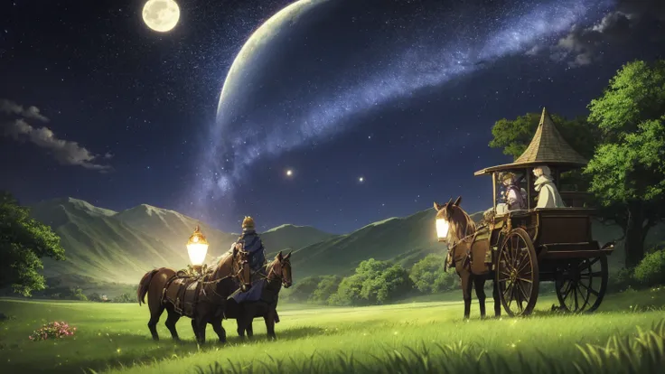 a 16:9 anime-style illustration depicting a male and female adventurer traveling in a horse-drawn carriage through a fantastical...