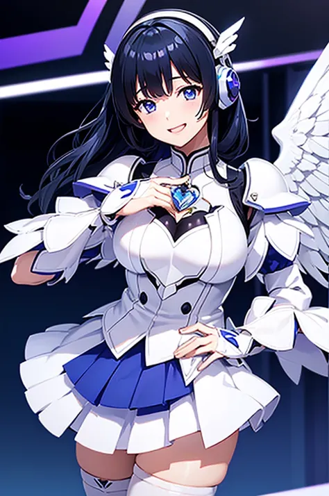 Mecha Wings、White and blue skirt、Accentuated thighs、White tights、chest、Beautiful black hair、1 girl、solo girl、Thick thighs、is、Frame Arms Girl、Alice Gere Aegis、White Armor、Blue and purple lines、income、headphone、hand on own chest、smile、idol costume