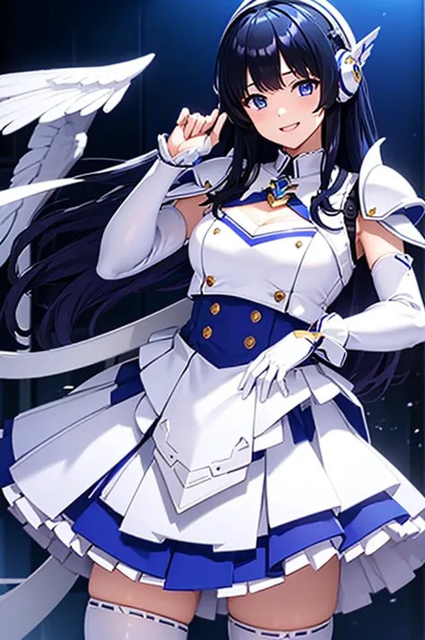 Mecha Wings、White and blue skirt、Accentuated thighs、White tights、chest、Beautiful black hair、1 girl、solo girl、Thick thighs、is、Frame Arms Girl、Alice Gere Aegis、White Armor、Blue and purple lines、income、headphone、hand on own chest、smile、idol costume