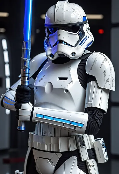 perfect hands, perfect finger,perfect anatomy, masterpiece, best quality,realistic, hyperrealistic, 16k hdr,1 mature female,,female white Stormtrooper in Star wars,damaged white full face helmet,damaged white armor,(large breasts:1.2),(holding blue Light s...