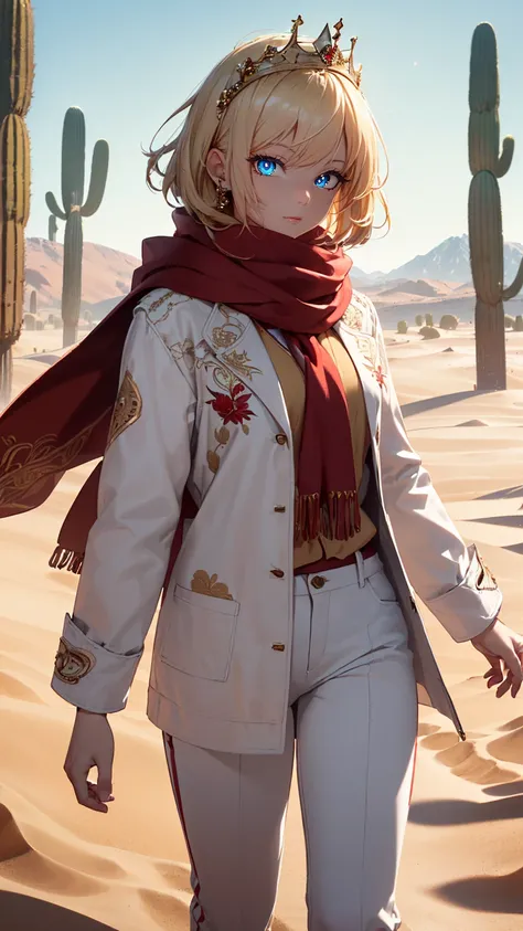 masterpiece, best quality, high definition, highres, (1girl, solo:1.3), (blonde hair, short hair, hair swaying from the wind:1.3), (blue eyes, detailed eyes, bright pupils:1.3), (white jacket, white coat, red scarf, royal robes, ornate shirt, embroidered s...