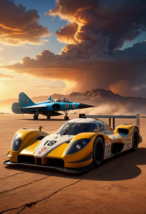 a racing prototype car with desert princess written on the side, a painting of a desert princess, military airfield, highly detailed, photorealistic, 8k, hyper detailed, cinematic lighting, dramatic sky, volumetric fog, epic, intricate details, award winni...