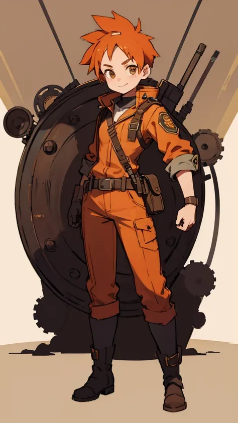 1.steampunk,15 years old,Orange Hair,goggles,A fake smile,gloves,whole body,boots,pants