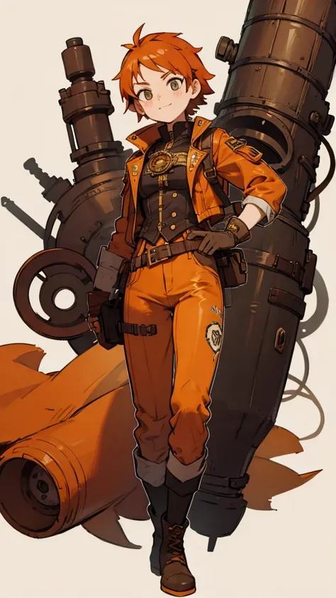 1.steampunk,15 years old,Orange Hair,goggles,A fake smile,gloves,whole body,boots,pants