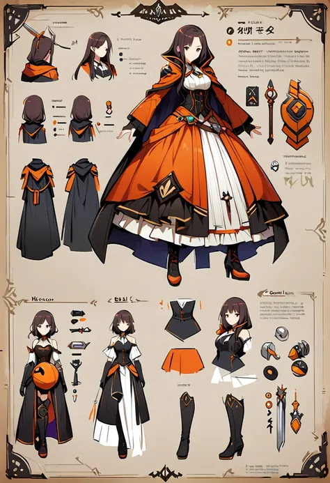 Framed Presentation of a mage, woman character design sheet for a video game with detailed accessories, shoes, multiple weapons, and dresses, Ball Gown, high tech, buttons to customize the character to your liking, staffs