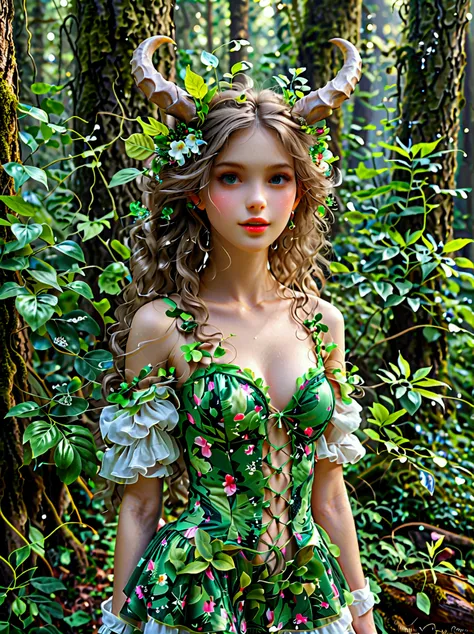 a fantasy creature with feminine qualities standing in a mysterious forest，she has lush hair，charming eyes，(both eyes look at yo...