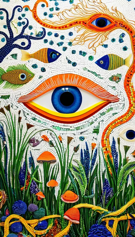 Psychedelic Art:Eye、Iris tectorum Maxim、fish、Tentacles、bird、Eye、diatom，Abstract mosaic painting，Describing the inner world of autistic people，Sense of space，White Space，interesting，Innocence，Psychedelic Art，Orange overall