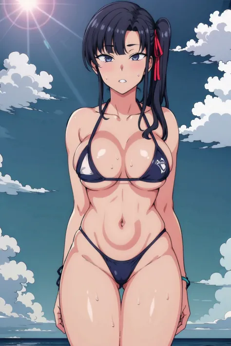 Narrow waist,Black_hair,hair_ribbon,side ponytail,Bangs,looking at the viewer, Bikini,blue theme, blue background, cloudy sky, sunlight, sweat, orgasmic,swimsuit,collarbone, thighs, sea,