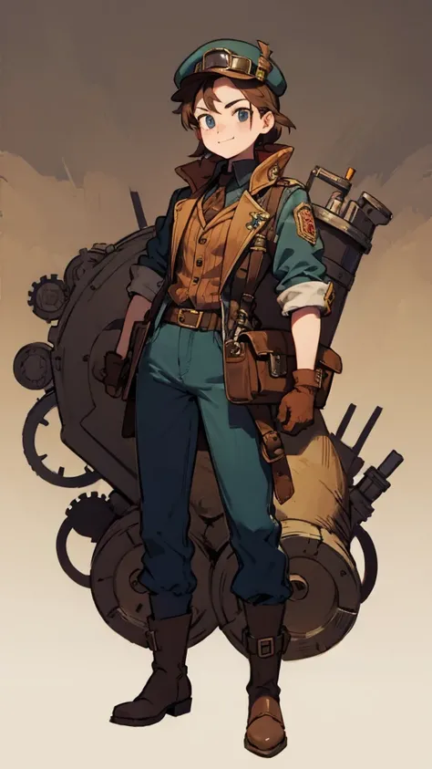 1.steampunk,15 years old,,Goggles on the forehead,A fake smile,gloves,whole body,boots,pants,hat
