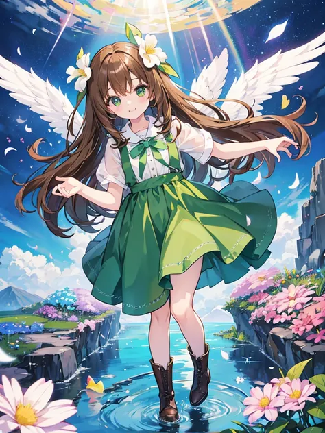 kawaii, anime, Cute, hyper quality, highly detailed, 16k, Front facing, Clarity, smile, full body, one girl, brown long hair, green eyes, Its going to rain, walk in town, blue sky, bright sunlight, brown dress, look up at the sky, puddle, early afternoon, ...