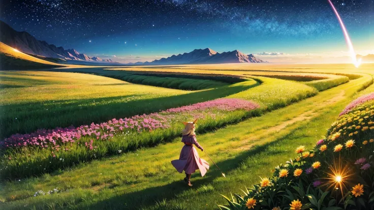 a 16:9 anime-style illustration depicting a female elf adventurer traveling through a fantastical grassland at night. the elf is...