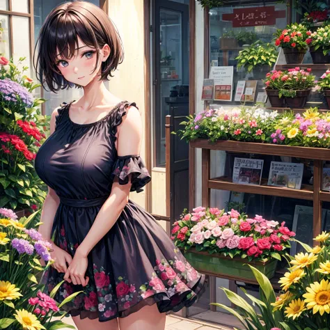 Cute girl, short hair , florist, floral dress, big breasts, shy, windy, flower shop, high quality, best quality 