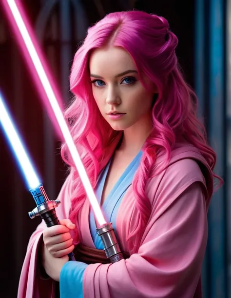 very attractive 25 year old female with long wavy bright pink hair, star wars, Jedi master, woman, good looks, sweet face, hair tucked into a bump of a bright pink shade, in a Jedi robe, lightsaber in hand, blade burning blue, Jedi Temple