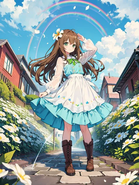 kawaii, anime, Cute, hyper quality, highly detailed, 16k, Front facing, Clarity, smile, full body, one girl, brown long hair, green eyes, Its going to rain, walk in town, blue sky, bright sunlight, brown dress, look up at the sky, wet road, early afternoon...